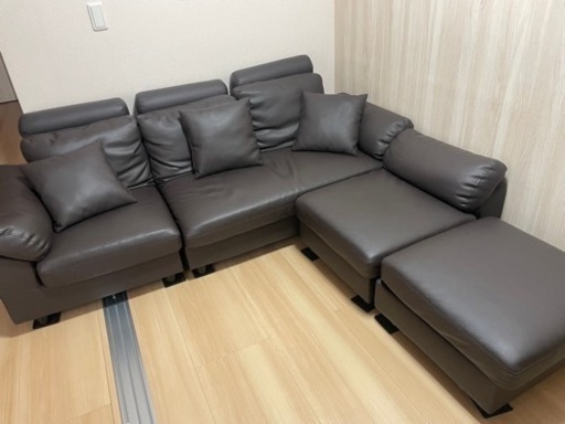 三人掛け ソファ L字 カウチソファ オットマン付き 合皮 レザー カウチソファー 3P ポケットコイル ヘッドレスト
