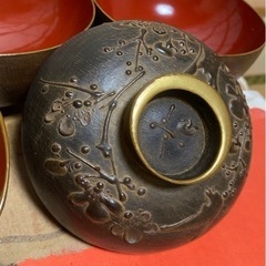 骨董　会津塗　鉄錆蒔絵　赤富士の図　蓋付椀　漆器　5セットの画像