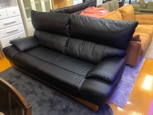 【リサイクルサービス八光】幅190cm　レイコージャパン　ジャクソン 3人掛けソファ 革 BK