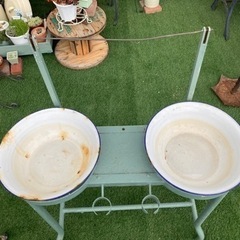 昭和レトロ アイアン医療用ホーロー手洗いスタンド 2口 タオル掛け付き