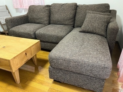 【良品】3人掛けロングソファー　ブラウン