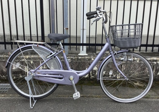 ＜整備済・美品車＞ブリヂストン24インチ・ママチャリ自転車・シングルギア・変速なし LEDライト・サドル新品・パープル・お手入れでピカピカ♪