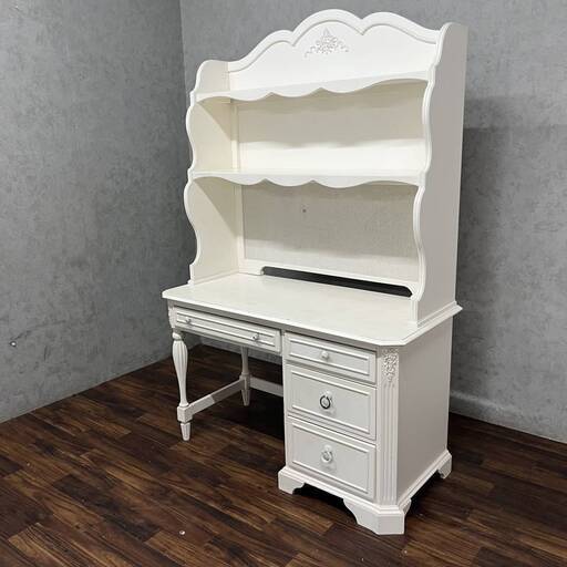 WY4/87 学習机 ドレッサーデスク パソコンデスク ホワイト家具 プリンセス お姫様 白 彫刻 デスク ハッチ ★直接引き取り歓迎
