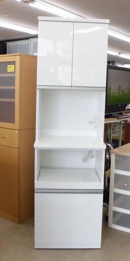 スリムレンジボード 白系 エナメル 幅60cm 鏡面 レンジボード 食器棚 白木調 ホワイト系 60×50.5×201cm 札幌 西野店