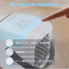 冷風扇 冷風機 卓上 ミニクーラー USB充電式 2000mAh大容量 静音 氷入れ可能 300ml 噴霧機能 加湿 空気清浄 夜間ライト付き 省エネ 熱中症対策 携帯便利 自宅 オフィス 寝室 アウトドア対応 手提げ式 3段階風量調整 上下角度調整可能の画像