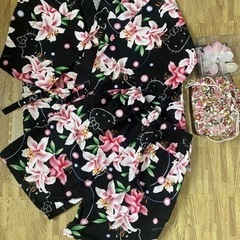 キティーちゃん甚平　M 巾着と花飾りも