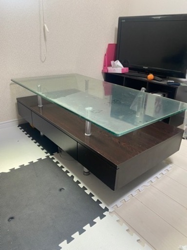 ニトリ　ガラステーブル　茶色　引き出し付き