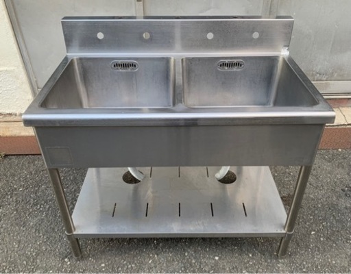 業務用 2槽シンク 幅1000×奥600×高さ800+150(mm) バックガード付き 流し台 キッチン 手洗い場 厨房 二層 二槽 2層 大阪発 排水ホース新品