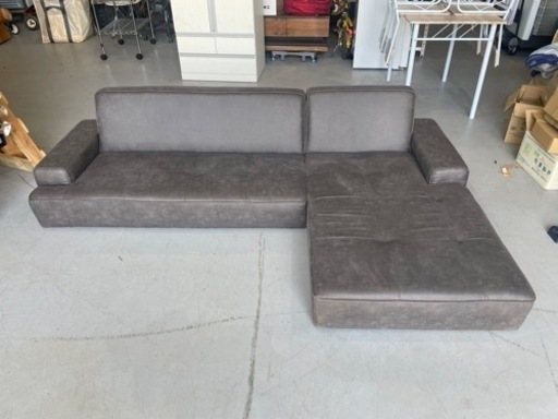 【スイートデコレーション】レザーファブリック張りカウチソファセット L字ソファー ローソファー グレー 3人掛け 美品