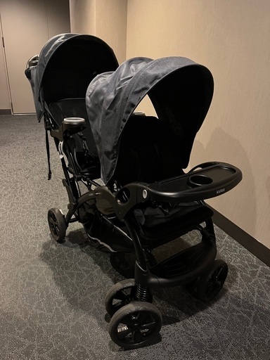 美品) カトージ ベビーカー 二人でゴーDX デニム レインカバー付き ドリンクホルダー付き