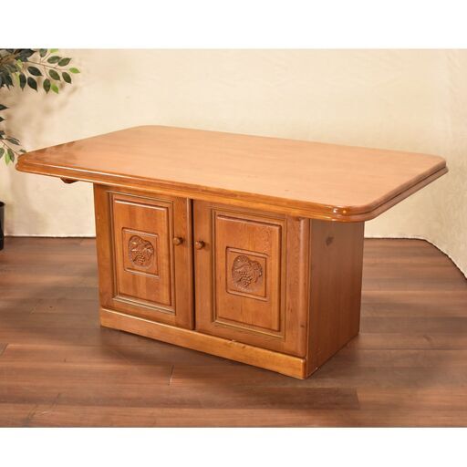 【ヤ取終了4/24】≪zyt1058ジ≫ 木彫りダイニングテーブル 葡萄 収納付 ブドウ/彫刻 キャビネット 天然杢/木製 オールド/ビンテージ 50706-02