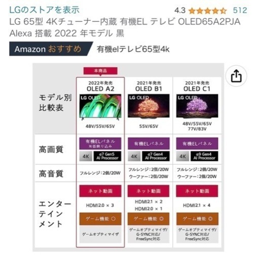 LG 65型 4Kチューナー内蔵 有機EL テレビ OLED65A2PJA Alexa 搭載 2022 年モデル 黒 