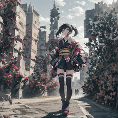 画像生成AI 黒髪少女 着物 ツイン