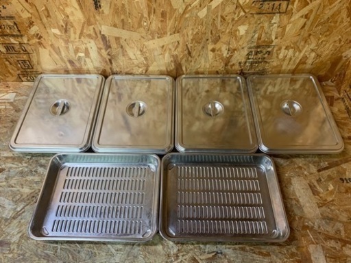 (6026) ③ クローバー 18-8 ステンレス 浅型角バット 10枚取 蓋・水切りバット付 6個 フタ4個のみ 355×270×40mm 業務用 飲食店 厨房 店舗