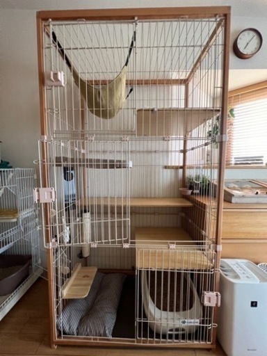 無垢材 木製枠キャットケージ3段 おまけつき