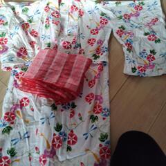 朝顔柄の浴衣とハート刺繍の帯の画像