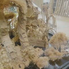 コルク細工　置物　ガラスケース入り　細密　彫刻　オブジェ　鶴　風景　中国美術　インテリアの画像