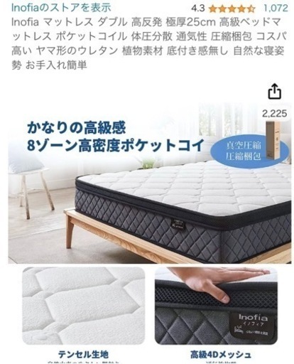 ほぼ新品35,980円で購入。ダブルサイズマットレス イノフィア(Inofia) 「寝心地極上のマットレス」