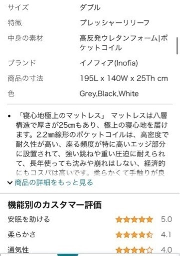 ほぼ新品35,980円で購入。ダブルサイズマットレス イノフィア(Inofia) 「寝心地極上のマットレス」