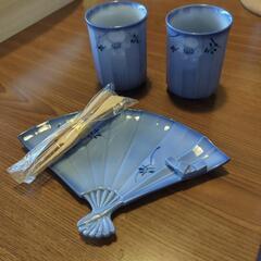 美濃焼き 扇形皿と湯呑み 5点ずつのセットの画像
