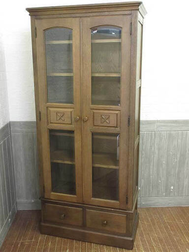 ss5358　木製　本棚　6段　ガラス扉　引き出し2杯　ナラ材　ブックシェルフ　棚　ラック　天然木　棚板可動　観音開き　本　小物　飾り棚　ディスプレイ　書棚　書庫