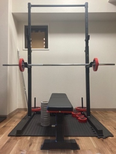 筋トレ ホームジム(鉄棒ラック+バーベルセット50kg+折り畳みトレーニングベンチ+フロアマット+フォームローラ)