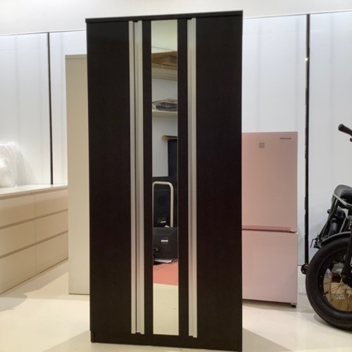 【トレファク神戸南店】シューズボックス　ハイタイプ　2枚扉、ミラー付　ダークブラウン×シルバー【取りに来れる方限定】