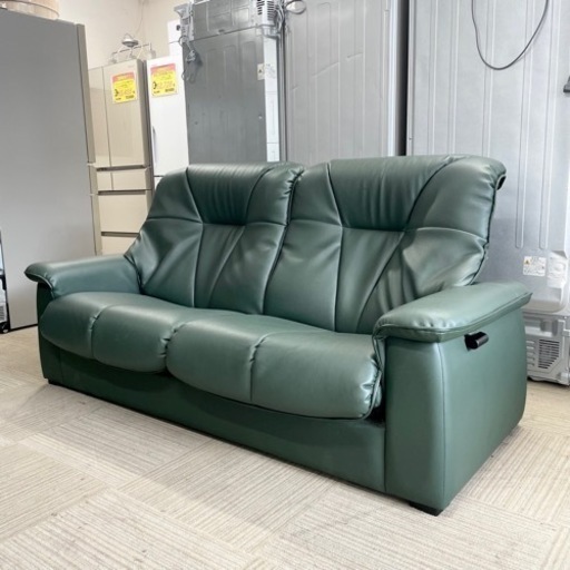 【超美品‼️】定価数十万♪ 富士ファニチア 178cm幅2人掛けリクライニングソファ 本革製グリーン系カラー♪