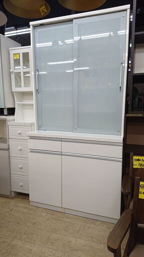 ダイニングボード 食器棚 横幅100cm スライドガラス扉 引出し3個 (ソフトクローズ) 下扉1枚 鏡面 ホワイト■奥行50cm×高さ205cm■近隣配送無料 買取帝国 朝霞店