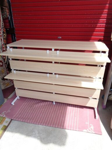 キッチンカウンター　ナチュラル×ホワイト　ゴミ箱収納/背面収納あり　背面収納棚4枚付き　中古