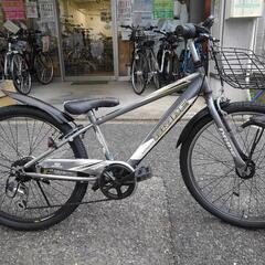 中古子供自転車２６５５　前後タイヤ新品！　２４インチ　６段ギヤ　LEDオートライト　スピードメーター・時計付き 　身長１２３㎝から