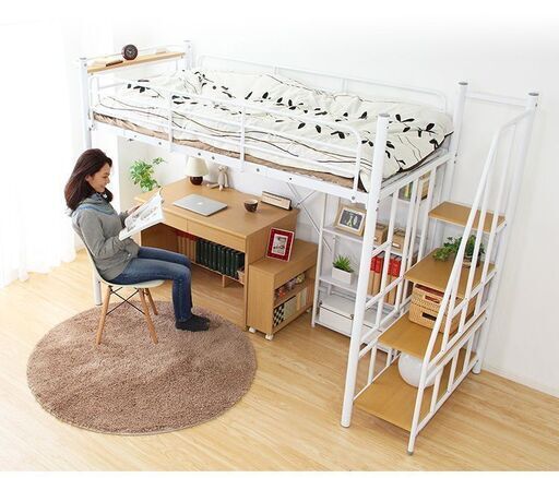 【梱包品】階段付パイプロフトベッド　大容量の収納力　ホワイト