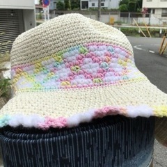 中古　コットン？！　編み帽子　白の画像