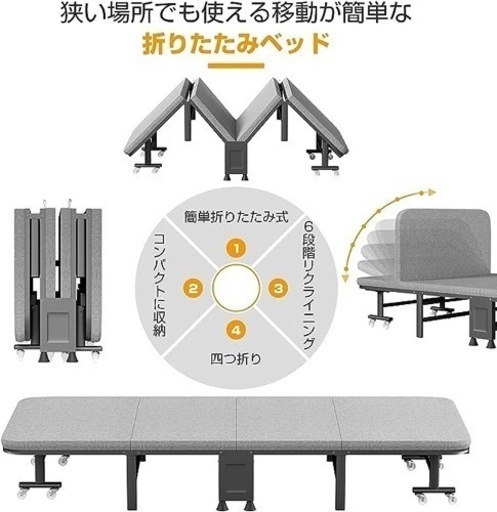 おりたたみベッド 高反発ウレタン マットレス付き 6段階リクライニング 長190cm*幅80cm*高30cm コンパクト 四つ折り