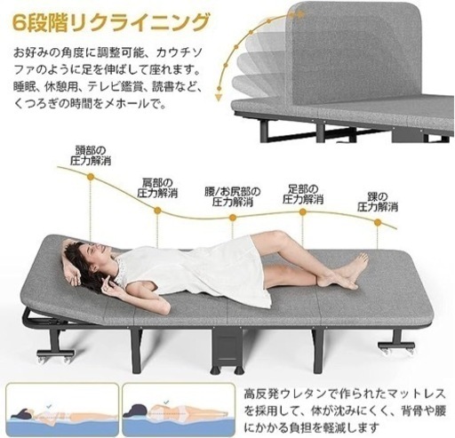 おりたたみベッド 高反発ウレタン マットレス付き 6段階リクライニング 長190cm*幅80cm*高30cm コンパクト 四つ折り