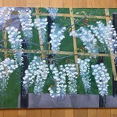 アルミ製額縁（ガラス）と藤の花絵画（日本画）
