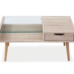 ローテーブル　ガラス天板・引き出し付き　ナチュラル