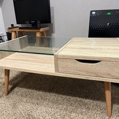 ローテーブル　ガラス天板・引き出し付き　ナチュラルの画像