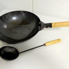 ☆美品☆　エポラス 鉄製木柄北京鍋30cm(お玉付き)