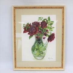 419)【美品】橋本不二子 バラとフクシャ 本人鉛筆サイン 水彩画