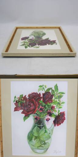 419)【美品】橋本不二子 バラとフクシャ 本人鉛筆サイン 水彩画 2013年