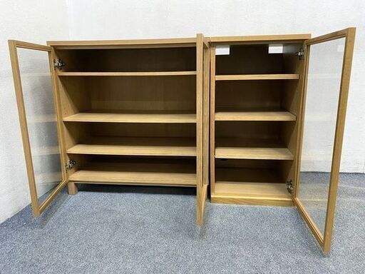 無印良品/MUJI 木製キャビネット ガラス扉 オーク材 食器棚 サイドボード シンプル 2個セット 中古家具 店頭引取歓迎 R744