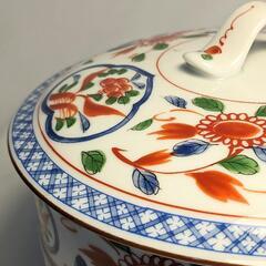 蓋物和食器　美濃焼 庫山窯 丸三段重(フタ付き3段重ね小鉢　赤絵 陶器 三段重 窯 作の画像
