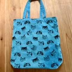 猫柄　トートバッグ　藍染め
