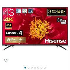 【売約済】ハイセンス 43V型 4K対応液晶テレビ -外付けHDD録画対応(裏番組録画) 3年保証 2019年モデル 43F60E

