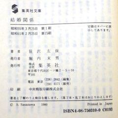 【文庫人気古本】笹沢佐保「結婚関係(第15刷)」集英社文庫・・・４０代、30代、20代の夫婦、殺人・秘密・密会…謎の脅迫者・・・の画像