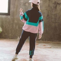 【新品未使用】子供服 ジャージ 上下セット 女の子 運動着 セットアップ スポーツウェア ガールズ パーカー 長袖 キッズ スウェット 2点セット ジュニア アウター ズボン 春秋 150cm, 紺ブルーピンクの画像