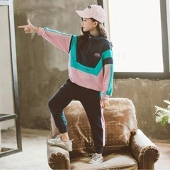 【新品未使用】子供服 ジャージ 上下セット 女の子 運動着 セットアップ スポーツウェア ガールズ パーカー 長袖 キッズ スウェット 2点セット ジュニア アウター ズボン 春秋 150cm, 紺ブルーピンクの画像
