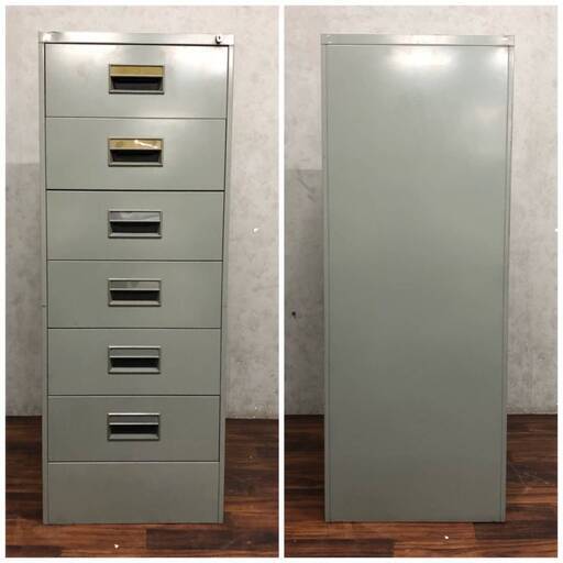 BNC11/97　スチール キャビネット 6段 書類ケース 書棚 フロアケース 事務用品 中古 昭和レトロ アンティーク 引き出し ※鍵付属無 ①