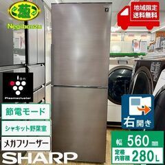 地域限定送料無料　美品【 SHARP 】シャープ 280L 2ドア 冷凍冷蔵庫 メガフリーザー　プラズマクラスターイオンで除菌 シャキット野菜室 SJ-PD28G